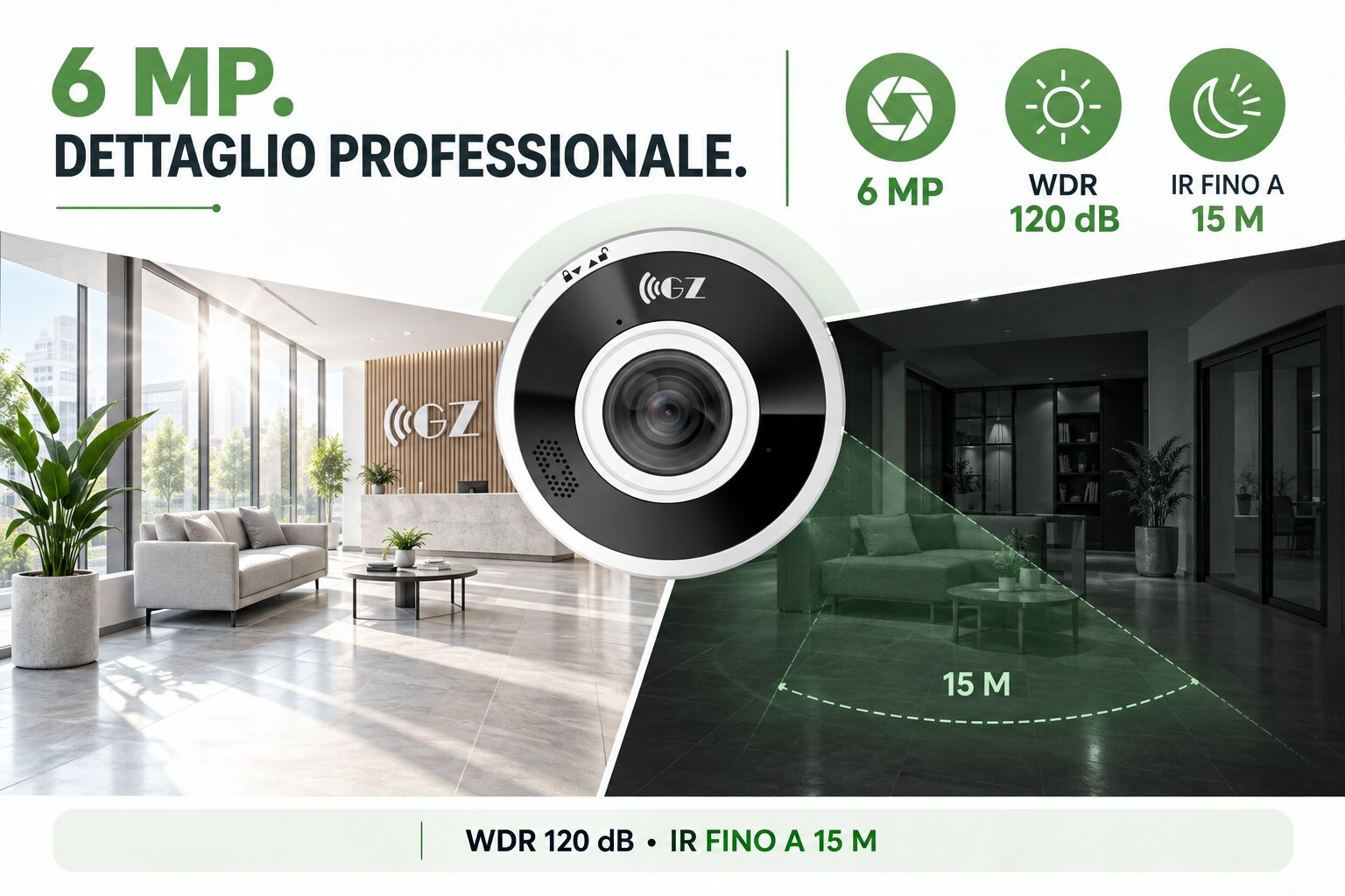 Qualità video 6 MP WDR 120 dB e infrarossi fino a 15 metri della GZFISH14-5M-IK
